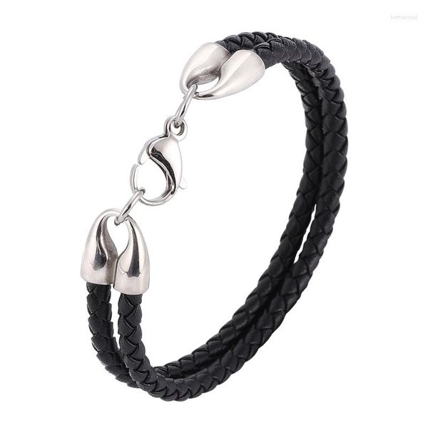 Braccialetti con ciondoli Semplice doppio strato Bracciale in corda di cuoio intrecciato nero Uomo Chiusura a moschettone in acciaio inossidabile per gioielli da donna PD1089