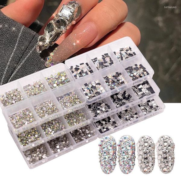 Nagelkunst-Dekorationen, 1 Box, mehrere Größen, Strasssteine, Glas-Edelsteine, 3D-Kristall, AB-Farbe, klar, DIY-Silberniet-Strass