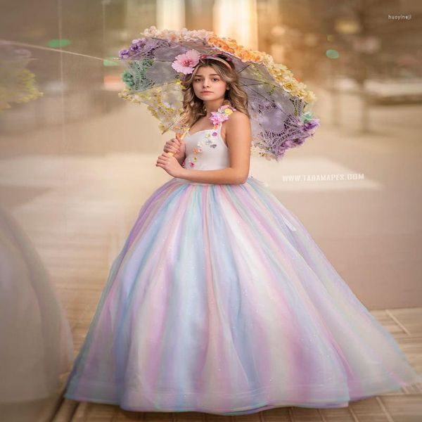 Abiti da ragazza Fiore per spalla da sposa Abito da spettacolo con applicazioni floreali Poshoot Abito da prima comunione in tulle senza schienale