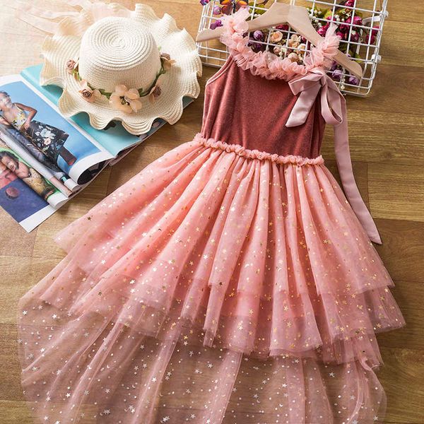 Kız elbiseleri zarif pembe çiçek kız doğum günü yay prenses elbise çocuklar yaz yeni payet kayış mermaid elbise bebek kız akşam parti kostümü r230719