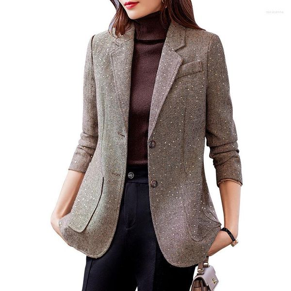 Abiti da donna Caffè Paillettes Blazer Donna Autunno Inverno 2023 Temperamento High End Casual Giacca spessa Ufficio Cappotto da lavoro da donna Top Grigio