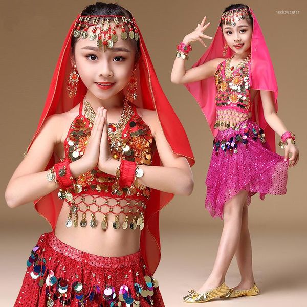 Stage desgaste 3 PCs/set Children Belly Dance Costume Conjunto Sexy Girls India Dançando roupas de desempenho oriental saia curta