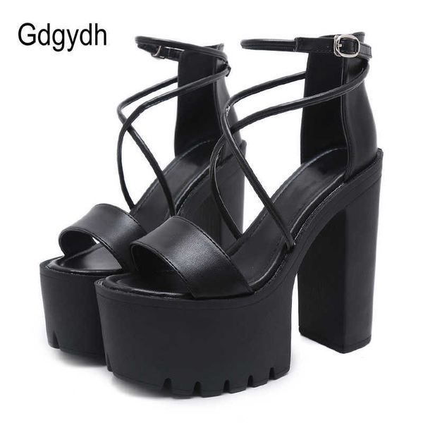 Sandales Gdgydh Plateforme Chaussures Pour L'été Extrême Talons Hauts Sandales À Bout Ouvert Mode Boucle Bloc Talons Punk En Cuir Noir Bonne Qualité Z0306