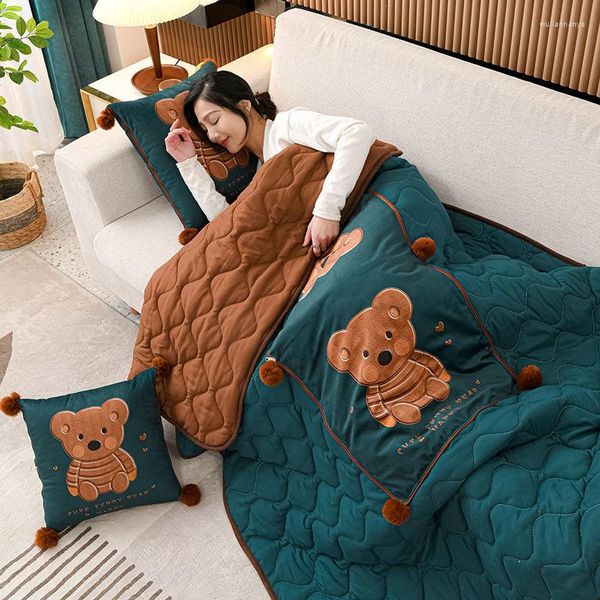 Cobertores 2 em 1 adorável manto de viagem de ursinho de pelúcia e almofada de acampamento de travesseiro Avião de almofada com estojo de bolsa