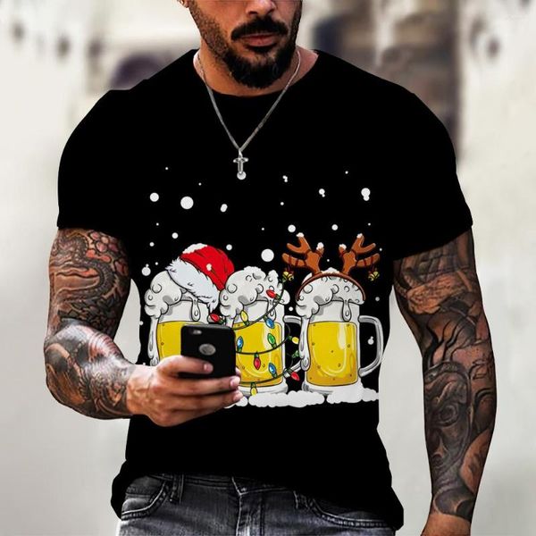 Herren T-Shirts 2023 Weinglas Weihnachten Herren T-Shirts 3D-Druck Kurzarm Markenhemd für Männer Übergroßes T-Shirt Mann Lustige Kleidung Tops