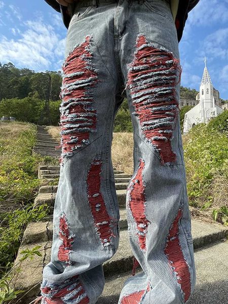 Мужские джинсы Houzhou Y2k, рваные заплатки, потертые брюки, мужские брюки в стиле хип-хоп, панк, готические, красные джинсовые брюки, мужские винтажные японские уличные брюки