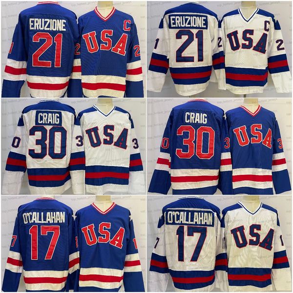 1980 EE.UU. Hockey 21 Mike Eruzione Jersey Retro 30 Jim Craig 17 Jack Ocallahan Hombres Azul Blanco Bordado Jerseys cosidos Retroceso