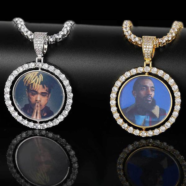 Ожерелье с подвеской в виде фото на заказ, вращающиеся двусторонние подвески с цирконом, крутые мужские украшения