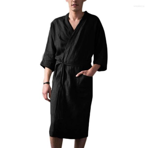 Damen-Nachtwäsche, Herren-Pyjamas, mittellang, Dreiviertelärmel, Bademantel, Schnür-Nachthemd aus Baumwolle, lange Kimono-Roben für Herren-Pyjamas