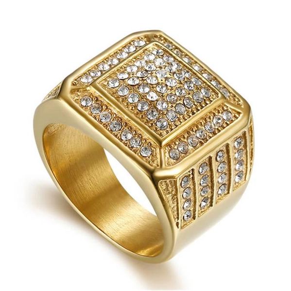 Hip Hop Iced Out Big CZ Ring Full Paved Cubic Zirconia Square Rings Uomo color oro Acciaio inossidabile Cool Jewelry Dropshipping