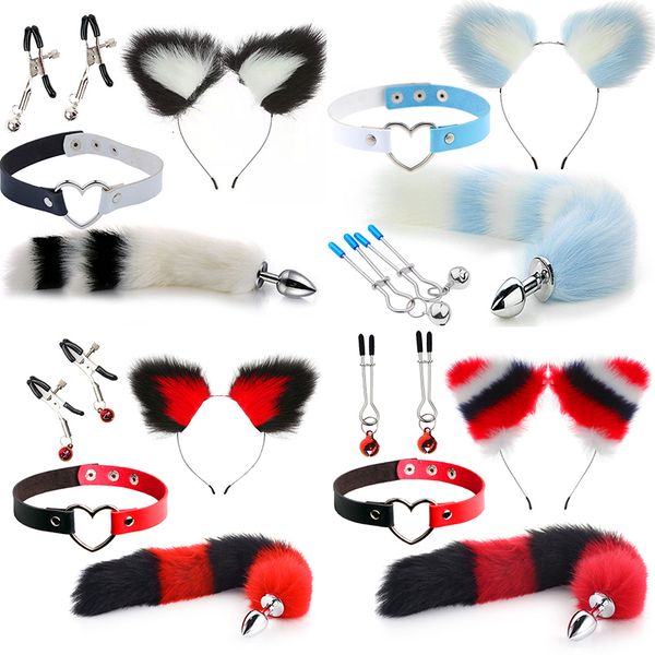 Anal Toys Sex Tail Butt Plug y Plush Katze Ohrstirnband mit Leder Halskette Set Massage Frauen Paare Cosplay 230307