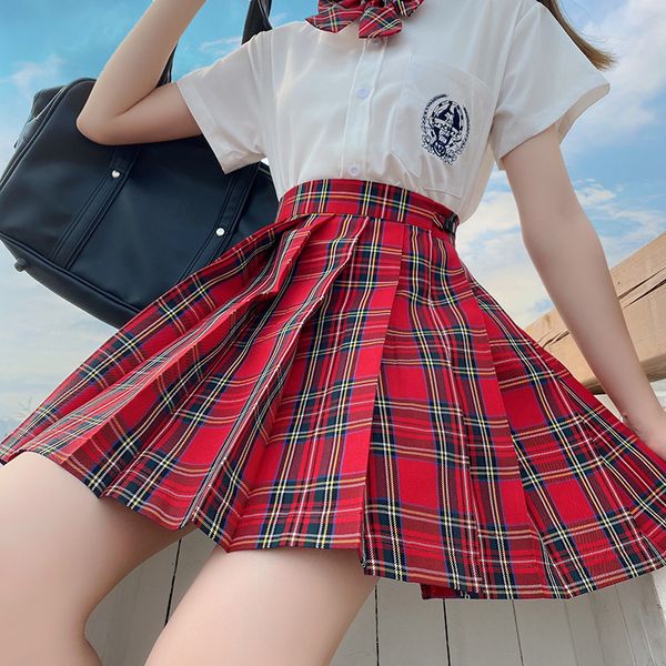 Saias vermelhas góticas góticas plissadas femininas uniformes japoneses uniformes de cintura alta Sexy Cute