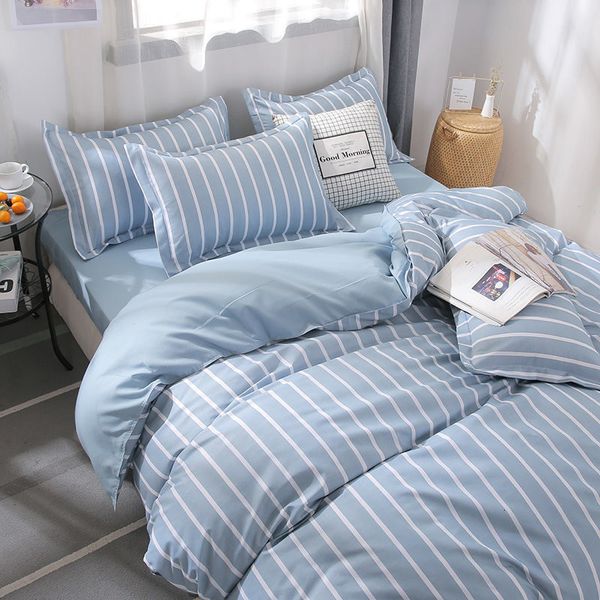 Bettwäsche-Sets, blau, weiß, gestreift, Bettwäsche-Set, Queen-Size-Bett, einfarbig, reaktiv bedruckt, Einzelbettbezug, Bettlaken, Kissenbezug 230308
