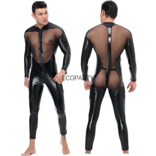 Sexy Set Men Men Faux Leather Stretch Catsuith Mesh transparente zíper aberto CROTH EROTIC EROTIC THED PVC Bodysuit Clubwear Fetish Formumes 230307