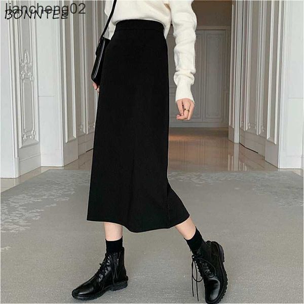 Saias Saias Mulheres Black Stretch Empire Teenagers Midi All-Match Casual Diário Ulzzang Feminino Popular Lady Spring Solid Simple Basic W0308