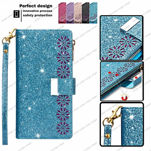 Caso de couro PU para iPhone 14 13 12 11 Pro Max XR XS 6 7 8 Plus Caixa de telefone Shiny Cartão de carteira Zipper de luxo de luxo de luxo de moda para Samsung Galaxy Google Pixel 7A 6A