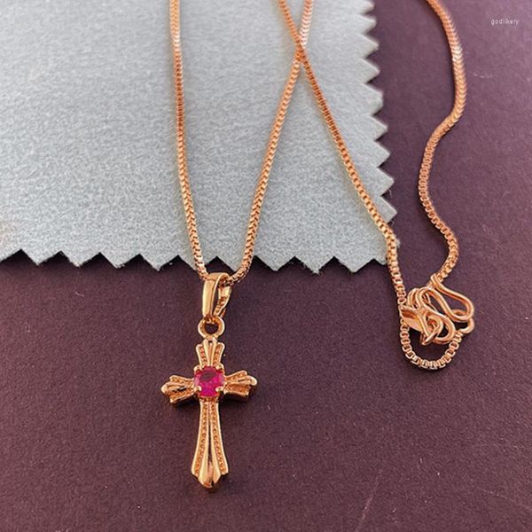 CARRING 24K Colar Gold Cross Cross Ruby Pingente Cadeia de Caixa de 18 polegadas para homens Homens de jóias de Natal Presentes