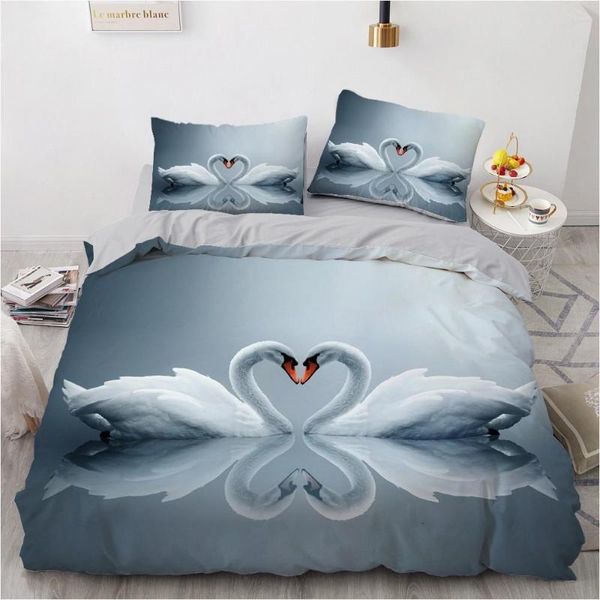 Yatak Setleri 3D Dijital Çift Swans Aile Yatağı Keten Gri Yorum Kapakları Tam İkiz Kral Boyutu 140x210cm Set Ev Tekstil Özel Tasarım