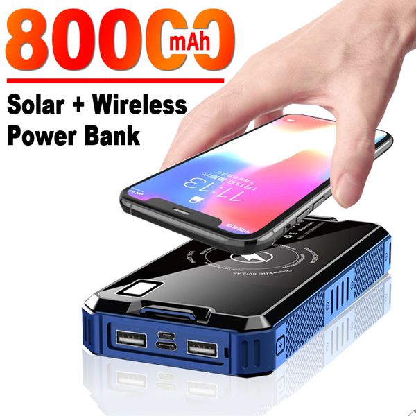 30000mAh Solar Wireless Power Bank de alta capacidade Bateria externa portátil com lanterna LED Viagens ao ar livre para iPhone Xiaomi