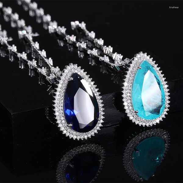 Anhänger Halsketten EYIKA Luxus Schmuck Royal Blue Paraiba Turmalin Wasser Tropfen Form Silber Farbe Bambus Kette Charms Halskette für Frauen