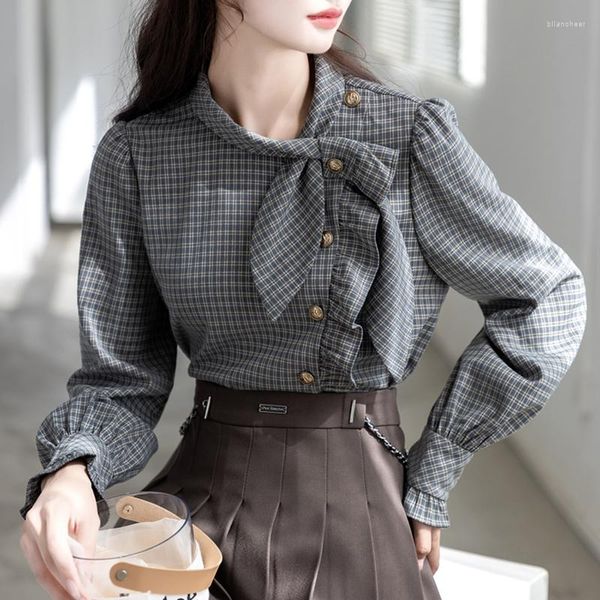 Blouses femininos blusas xadrez vintage com arco primavera outono de manga longa de luva de luvas de escritório