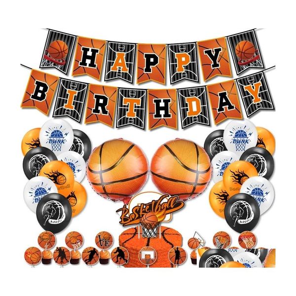 Outros suprimentos de festa de evento 39pc Basketball Theme Diy Decoration Sports Boys Birthday Pl Flag Cake Insert Card Balão Conjunto Del Del Dhn1u