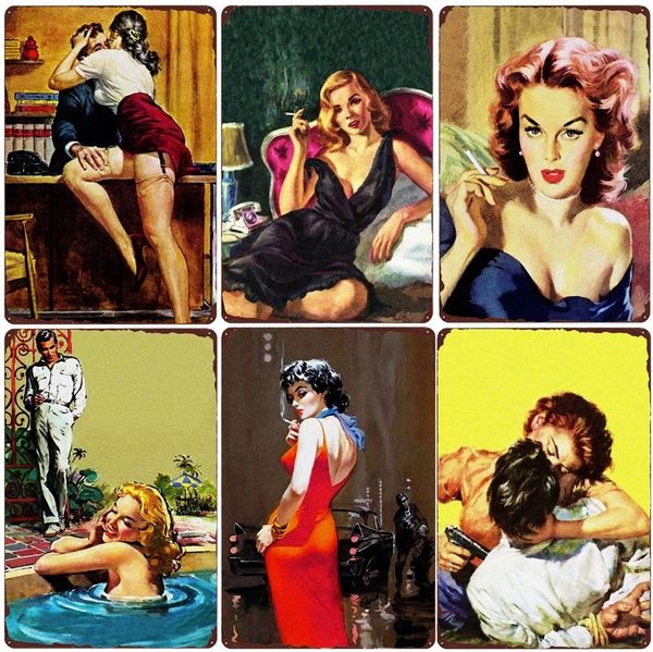 Sexy Lady Fumando Fumando Vintage Metal Poster Cigarro Tin Sign Club Room Bar Cafe Decoração de parede Man Cave Placa de publicidade Placa 30x20cm W03