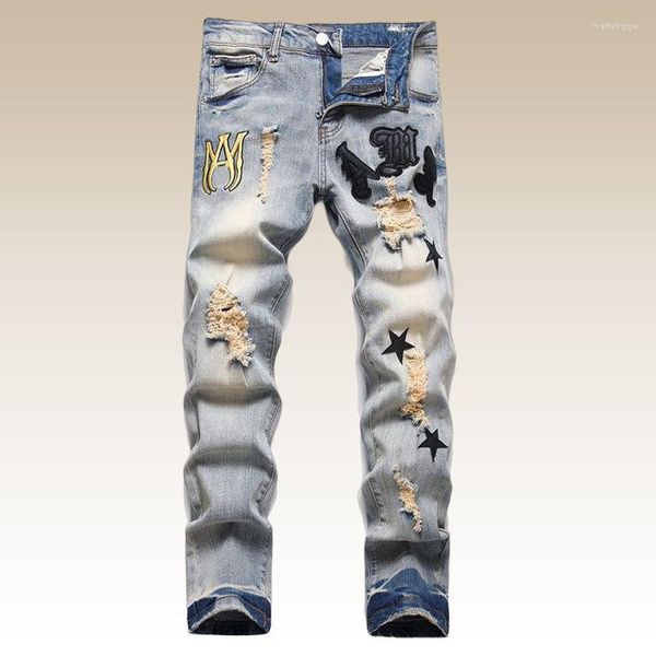 Männer Jeans Hohe Qualität Zerrissene Für Männer Leder Brief Stickerei Patchwork Marke Strumpfhosen Motorrad Hosen Denim Hosen