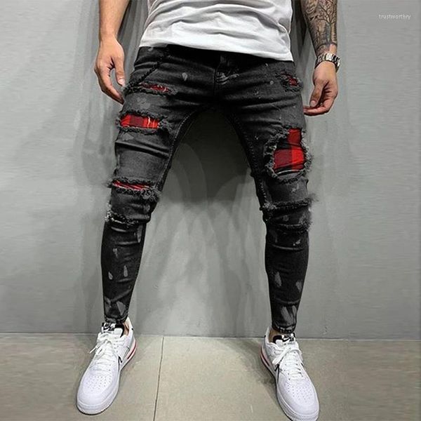 Männer Jeans Männer Painted Stretch Skinny Slim Fit Ripped Distressed Plissee Knie Patch Denim Hosen Marke Casual Hosen Für Masculina
