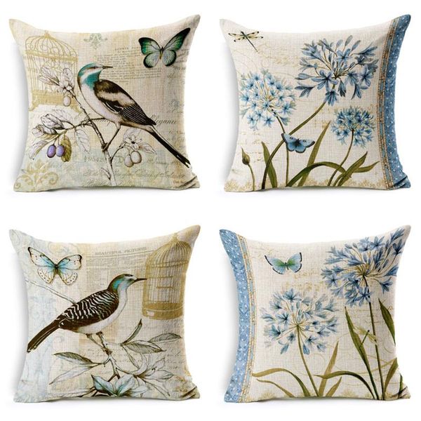 Travesseiro de travesseiro desenhado flores vintage e pássaros tampa arremesso de linho de algodão decorativo para sofá /decorativo