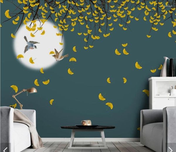 Tapeten Ginkgoblätter Baum Tapete Wandbild Wohnzimmer Kinder Schlafzimmer Wandpapiere Rolle Dekor Wandbilder Abziehbilder 3D-Papier