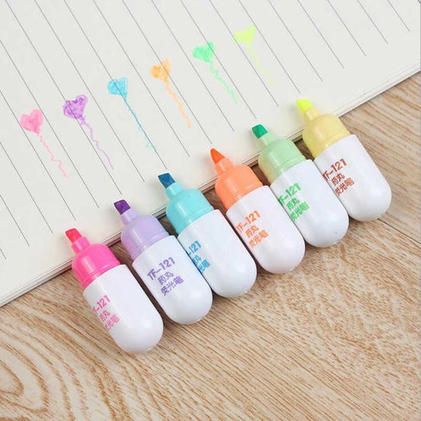 Highlighters 6pcs süße Mini lächelnde Gesicht Pille Highlighter Schöner Cartoon Malerei Stift markieren Stifte Schüler lernen Schreibwarenbedarf J230302