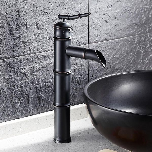 Torneiras de pia do banheiro altas óleo preto esfregado vaso de bronze torneira de torneira de casca de cachoeira Tap topo de bambu corporal formato de bambu