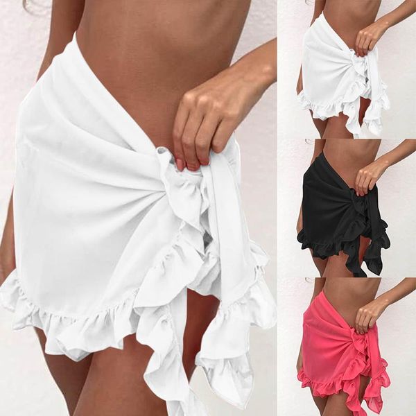Kadın Mayo Kadın Kısa Etek Örtüsleri 2023 Pileli Bandage Plaj Şifon Güneş Koruyucu Yaz Beyaz Siyah Elbise Kadın