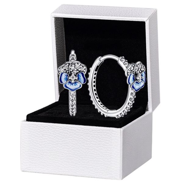 Blue Pansy Flower Hoop Boucles d'oreilles pour Pandora Real Sterling Silver Wedding Party Bijoux Pour Femmes Girlfriend Gift CZ Diamond designer Earring Set avec Original Box