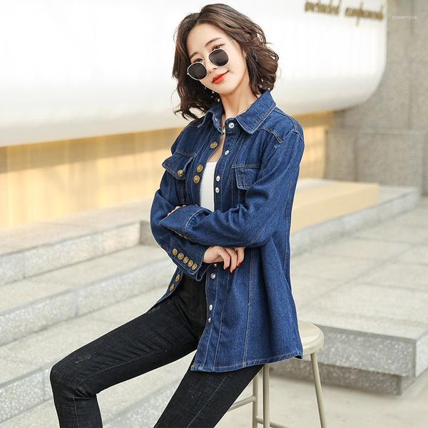 Camicette da donna # 3386 Primavera 2023 Camicie di jeans blu Donna Jeans monopetto allentati Casual Femme Camicia da donna stile coreano Bottoni