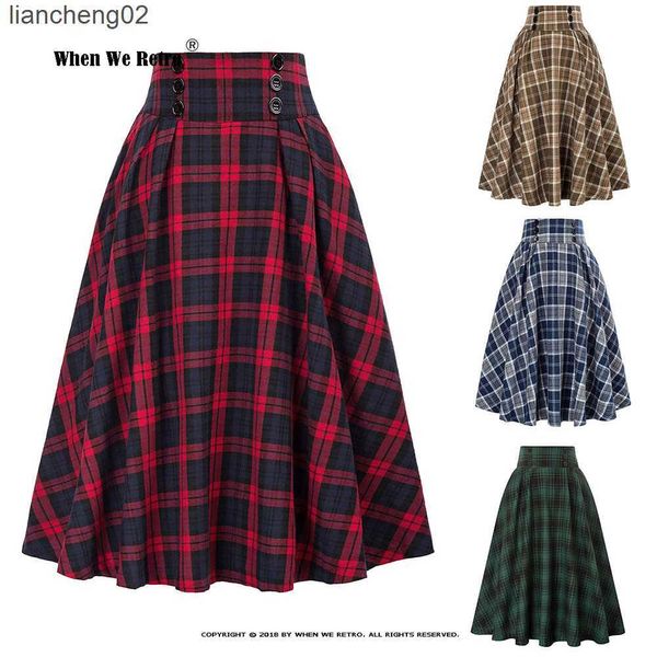 SAIRS SAIR PLAID PLAID SKIRTS VINTAGE DE INVERNO DE INVERNO HIGH CAIS ALTA COREANA CORREANÇA MIDI SAIRS DE CORREÇÃO Button Decoração de plus size SS0037 W0308