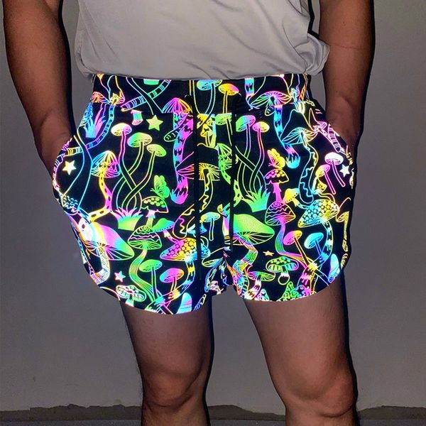 Erkek Şort PARKLEES Mantar Baskılı Renkli Yansıtıcı Erkek Parlak Hip Hop Dans Floresan Erkekler için Gece Sporting Joggers 230308