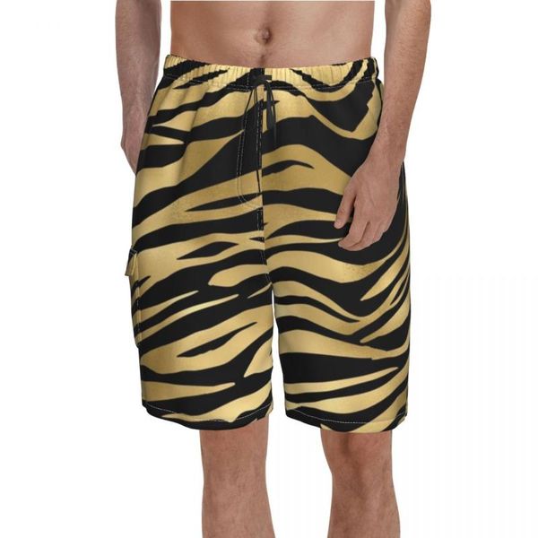 Pantaloncini da uomo Nero e oro Stampa tigre Bordo di pelliccia di animali Strisce Modello Spiaggia Maschi Stampati Taglie forti Costume da bagno Idea regaloUomo