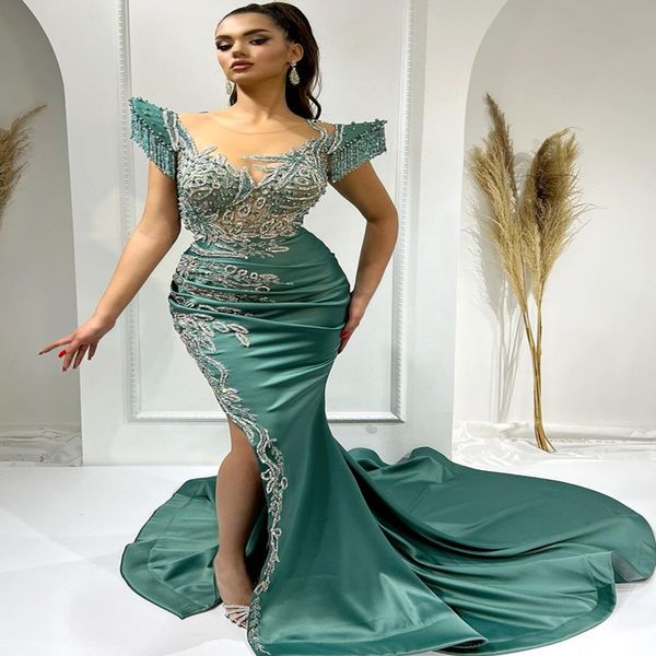 Arabo Aso Ebi Satin Mermaid Prom Adushi Lace Cristalli di perline Cristalli serali Formale Reception Birthday Engagement Abiti da damigella d'onore vestito ZJ4222 407