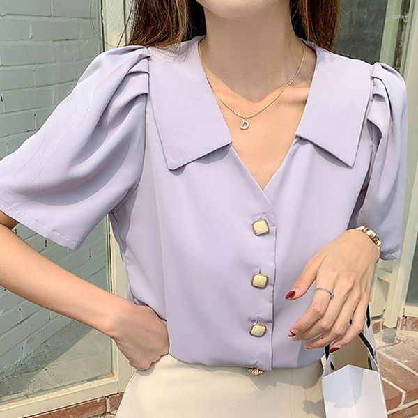 Damenblusen 2023 Sommer Frauen Tops und Bluse V-Ausschnitt Kurzarm Chiffon Blusa Shirts Femme Französischer Stil Weiß Lila Solide Kleidung