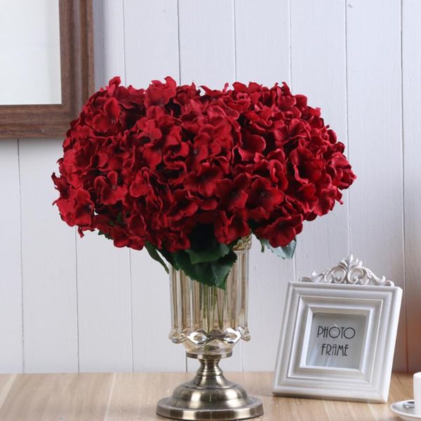 Flores decorativas 5 cabeças de casamento hidrangea artificial seda com hastes para loja de festas em casa decoração de chá de bebê decoração de sala falsa