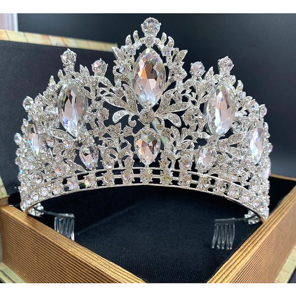 Hochzeit Haarschmuck Trendy Silber Farbe Kristall Königin Große Krone Braut Tiara Frauen Schönheitswettbewerb Braut Zubehör 230307