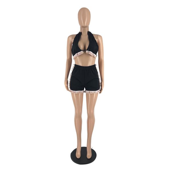 Novo designer de verão fatos de treino de duas peças conjuntos de roupas femininas halterneck colheita superior e shorts borlas roupas esportivas moda conjuntos curtos em massa roupas por atacado 9420