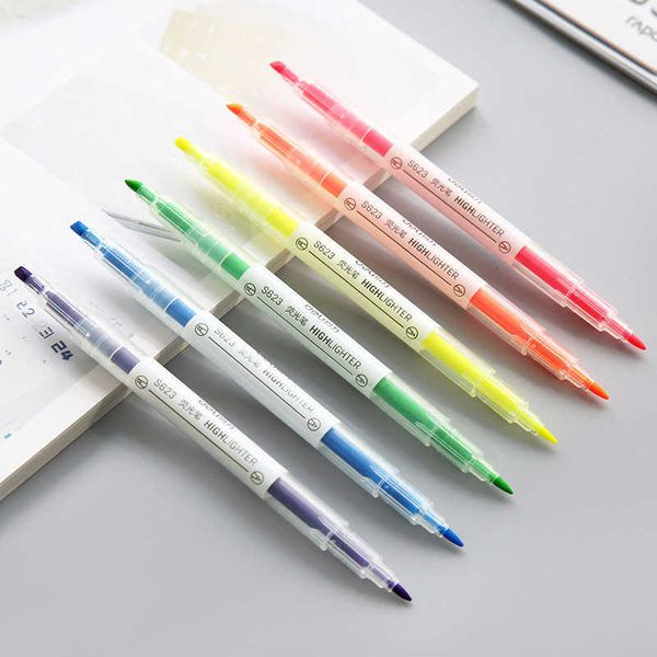 Lightlighters 6pcs Colore pastello a doppia penna per evidenziatore a testa alta rivestimento Bold Marker Bolcing Kids Stationery Stationery Office Supply H6895 J230302