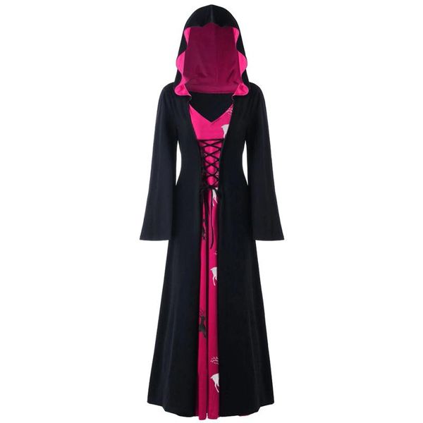 Повседневные платья готическая женская одежда Хэллоуин Фестиваль костюм косплей ведьма платье с капюшоном с длинным рукавом кружев