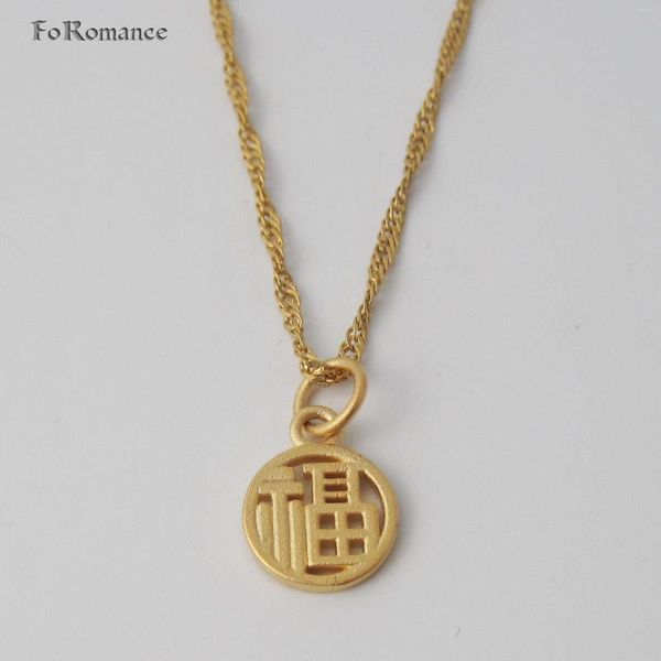Halsketten mit Anhänger von Foromance, zwei Stile, gelbvergoldet, 45,7 cm lange Wasserwellen-Halskette, chinesisches Schriftzeichen mit der Bedeutung Glück, Glück