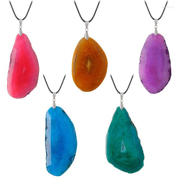 Anhänger Halsketten Geometrische Unregelmäßige Rock Druzy Naturstein Halskette Rosa Lila Blaue Achate Scheibe Leder Kette Anhänger