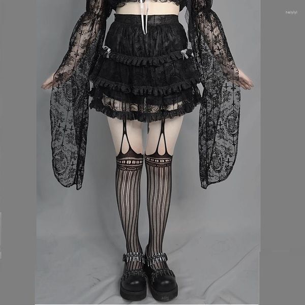 Gonne Ruibbit Gothic Lolita Style Gonna di pizzo sexy Donna Vintage A Line Fashion Design Torta corta a vita alta Halloween Nero