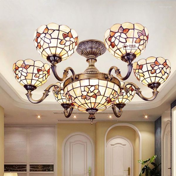 Luzes de teto 32 polegadas Lâmpadas de decoração de concha de casca Mediterrâneo Sala de estar de lustre pendurado 6 cabeças